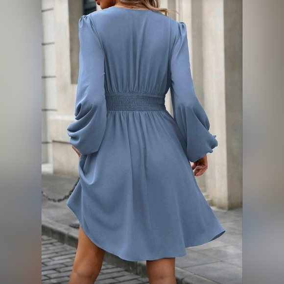 New Flowy Lantern Long Sleeve Twist Waist Short Dress Muted Blue - Picture 5 of 10